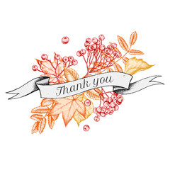 Ribbon design of autumn leaves with thank you sing. Hand drawn vector illustration