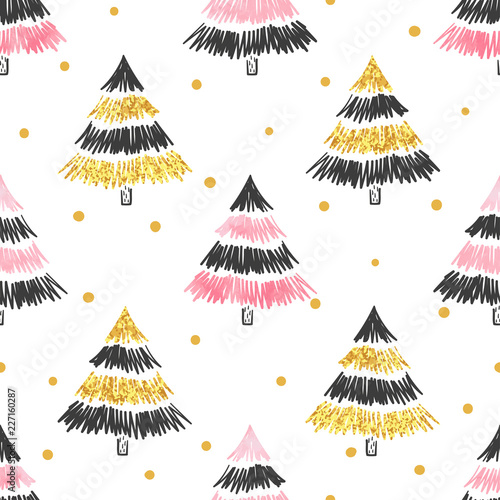 Christmas tree seamless pattern in black, golden and pink colors.