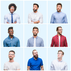 Wall Mural - Collage of group of business and casual men over isolated background smiling looking side and staring away thinking.