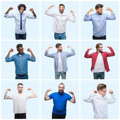 Sticker - Collage of group of business and casual men over isolated background showing arms muscles smiling proud. Fitness concept.