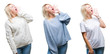 © Krakenimages.com - Collage of beautiful blonde woman wearing winter sweater over isolated background shouting and screaming loud to side with hand on mouth. Communication concept.