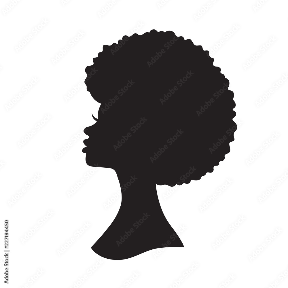 Vector illustration of black woman with afro hair silhouette. Side view of African American woman with natural hair. - obrazy, fototapety, plakaty 