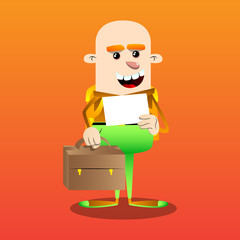 Schoolboy with suitcase and white paper. Vector cartoon character illustration.