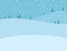 Vector illustration of blue winter scenery background. Snow falling on the mountains landscape in winter image.