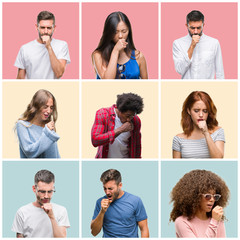 Canvas Print - Collage of group of young people woman and men over colorful isolated background feeling unwell and coughing as symptom for cold or bronchitis. Healthcare concept.