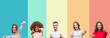 © Krakenimages.com - Collage of group of young people over colorful vintage isolated background approving doing positive gesture with hand, thumbs up smiling and happy for success. Looking at the camera, winner gesture.