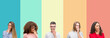 © Krakenimages.com - Collage of group of young people over colorful vintage isolated background bored yawning tired covering mouth with hand. Restless and sleepiness.
