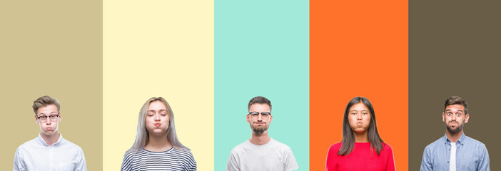 Wall Mural - Collage of group of young people over colorful isolated background puffing cheeks with funny face. Mouth inflated with air, crazy expression.