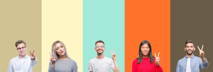 Collage of group of young people over colorful isolated background showing and pointing up with fingers number two while smiling confident and happy.