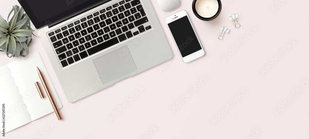 modern header / hero image or banner with laptop computer, smartphone, air plant, open notebook and feminine accessories on a bright blush background, home office scene, flat lay / top view - obrazy, fototapety, plakaty 