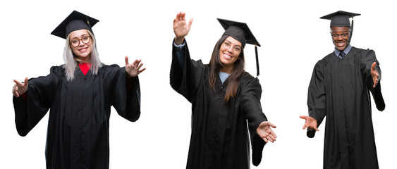 Poster - Collage of group of young student people wearing univerty graduated uniform over isolated background looking at the camera smiling with open arms for hug. Cheerful expression embracing happiness.