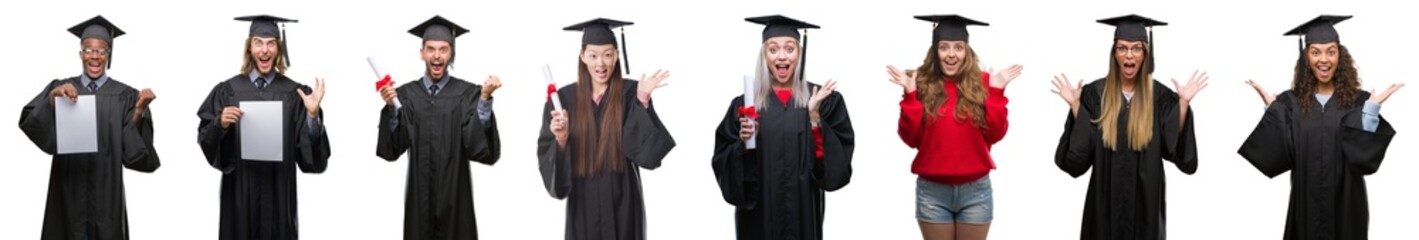 Sticker - Collage of group of young student people wearing univerty graduated uniform over isolated background very happy and excited, winner expression celebrating victory screaming with big smile 