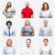 © Krakenimages.com - Collage of group of young, middle age and senior people over isolated background with serious expression on face. Simple and natural looking at the camera.