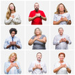 © Krakenimages.com - Collage of group of young, middle age and senior people over isolated background smiling with hands on chest with closed eyes and grateful gesture on face. Health concept.