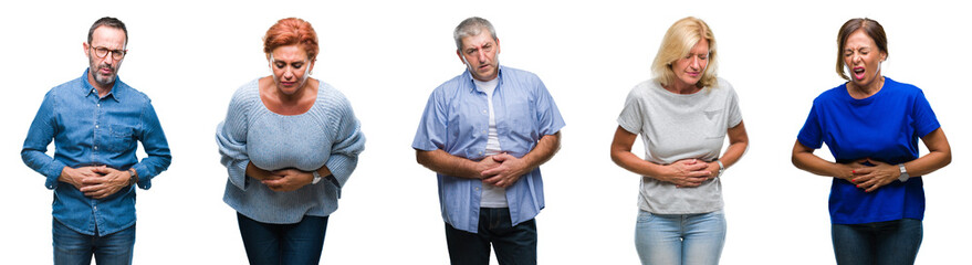 Canvas Print - Collage of group of middle age and senior people over isolated background with hand on stomach because indigestion, painful illness feeling unwell. Ache concept.