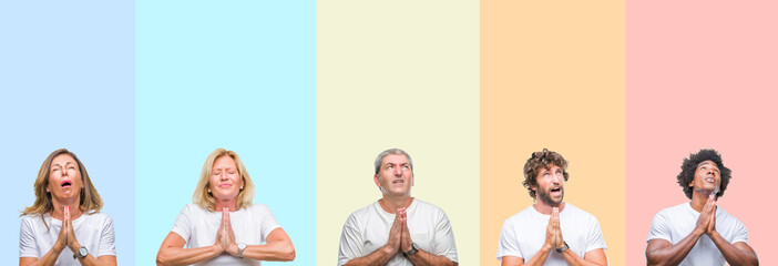 Canvas Print - Collage of group of young and middle age people wearing white t-shirt over color isolated background begging and praying with hands together with hope expression on face very emotional and worried