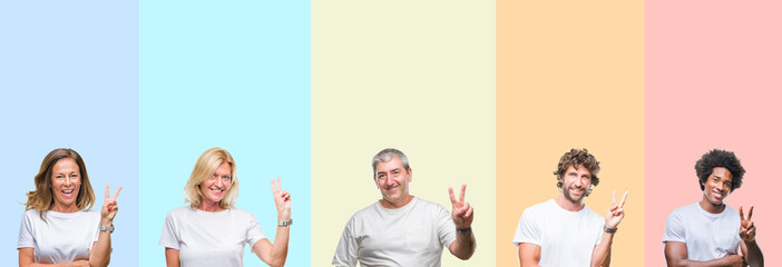 Sticker - Collage of group of young and middle age people wearing white t-shirt over color isolated background smiling with happy face winking at the camera doing victory sign. Number two.