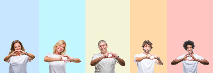 Sticker - Collage of group of young and middle age people wearing white t-shirt over color isolated background smiling in love showing heart symbol and shape with hands. Romantic concept.