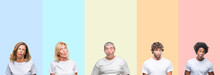 Collage Of Group Of Young And Middle Age People Wearing White T-shirt Over Color Isolated Background Making Fish Face With Lips, Crazy And Comical Gesture. Funny Expression.