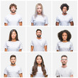 © Krakenimages.com - Collage of group of people wearing casual white t-shirt over isolated background with serious expression on face. Simple and natural looking at the camera.