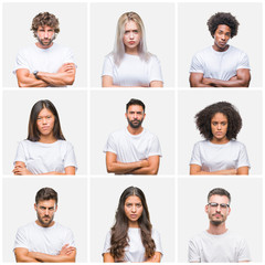 Poster - Collage of group of people wearing casual white t-shirt over isolated background skeptic and nervous, disapproving expression on face with crossed arms. Negative person.