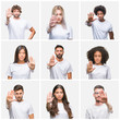 Collage of group of people wearing casual white t-shirt over isolated background doing stop sing with palm of the hand. Warning expression with negative and serious gesture on the face.