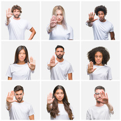 collage of group of people wearing casual white t-shirt over isolated background doing stop sing wit