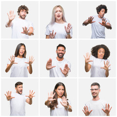 Sticker - Collage of group of people wearing casual white t-shirt over isolated background afraid and terrified with fear expression stop gesture with hands, shouting in shock. Panic concept.