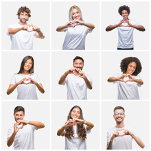 Collage Of Group Of People Wearing Casual White T-shirt Over Isolated Background Smiling In Love Showing Heart Symbol And Shape With Hands. Romantic Concept.