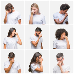 Sticker - Collage of group of people wearing casual white t-shirt over isolated background tired rubbing nose and eyes feeling fatigue and headache. Stress and frustration concept.