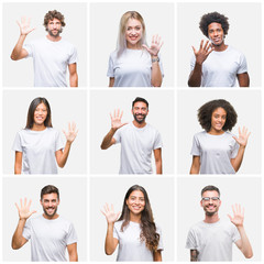 Collage of group of people wearing casual white t-shirt over isolated background showing and pointing up with fingers number five while smiling confident and happy.