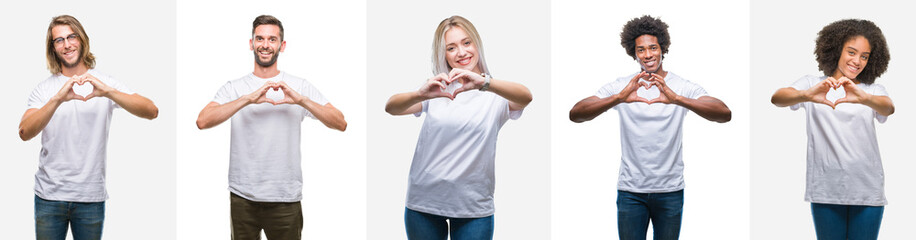 Sticker - Collage of group of young people wearing white t-shirt over isolated background smiling in love showing heart symbol and shape with hands. Romantic concept.