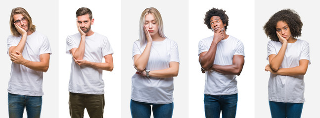 Collage of group of young people wearing white t-shirt over isolated background thinking looking tired and bored with depression problems with crossed arms.