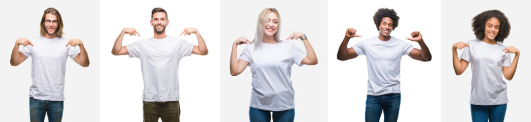 Wall Mural - collage of group of young people wearing white t-shirt over isolated background looking confident wi