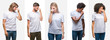 Collage of group of young people wearing white t-shirt over isolated background tired rubbing nose and eyes feeling fatigue and headache. Stress and frustration concept.