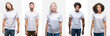 © Krakenimages.com - Collage of group of young people wearing white t-shirt over isolated background making fish face with lips, crazy and comical gesture. Funny expression.