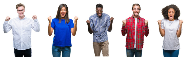 Sticker - Collage of group of young asian, caucasian, african american people over isolated background celebrating surprised and amazed for success with arms raised and open eyes. Winner concept.