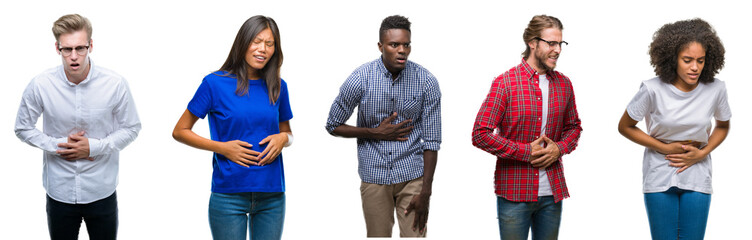 Wall Mural - Collage of group of young asian, caucasian, african american people over isolated background with hand on stomach because indigestion, painful illness feeling unwell. Ache concept.