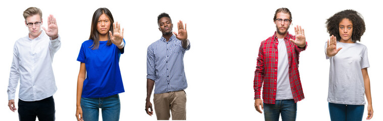 Sticker - Collage of group of young asian, caucasian, african american people over isolated background doing stop sing with palm of the hand. Warning expression with negative and serious gesture on the face.