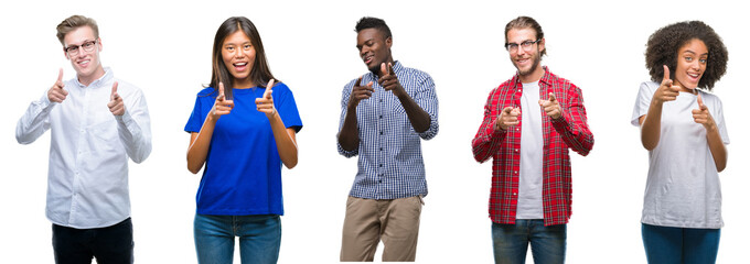 Poster - Collage of group of young asian, caucasian, african american people over isolated background pointing fingers to camera with happy and funny face. Good energy and vibes.