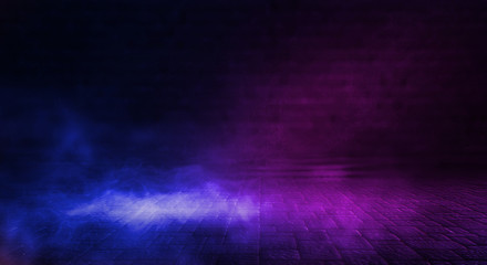 Background of empty room with spotlights and lights, abstract purple background with neon glow