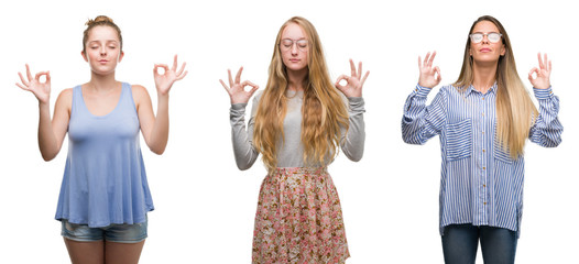 Poster - Collage of group of blonde women over isolated background relax and smiling with eyes closed doing meditation gesture with fingers. Yoga concept.