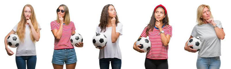 Poster - Collage of group of young and senior women holding soccer ball over isolated background serious face thinking about question, very confused idea