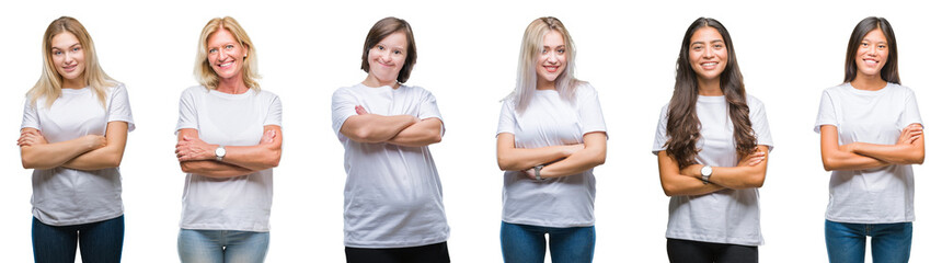 Wall Mural - Collage of group of women wearing white t-shirt over isolated background happy face smiling with crossed arms looking at the camera. Positive person.