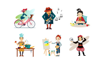 Sticker - People enjoying various hobbies set, man and woman riding bike, playing saxophone, reading book, cooking, painting vector Illustration