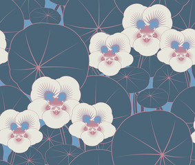 Wall Mural - exotic flower field seamless pattern in night blue ivory shades