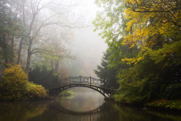 Poster - Scenic view of misty autumn landscape with beautiful old bridge in the garden with red maple foliage.