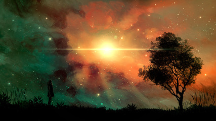 Wall Mural - space scene. colorful nebula with girl, land and tree silhouette. elements furnished by nasa. 3d ren