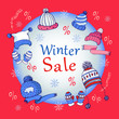 Set of hats and gloves in red, blue and white. Winter discounts.