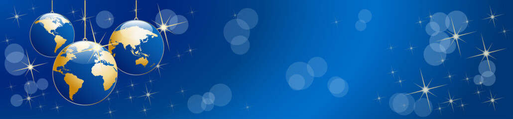 Wall Mural - Christmas tree, vector header in blue. Balls in the shape of planet earth, background